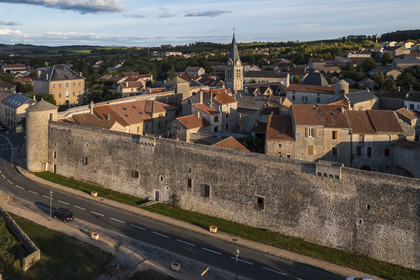 France, Aveyron, Causses and the Cévennes, cultural landscape of Mediterranean agro-pastoralism, listed as World Heritage by UNESCO, La Cavalerie, the Commandery of La Cavalerie, which became the Hospitaller Commandery of the Order of Saint John of Jerusalem, surrounded by its high ramparts (aerial view)