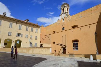 France, Haute Corse, Bastia, the Citadel district of Terra Nova, the palace of the Genoese governors that hosts the Musee d'Histoire de Bastia (Museum of Bastia History), main entrance by the old drawbridge on the Dungeon place