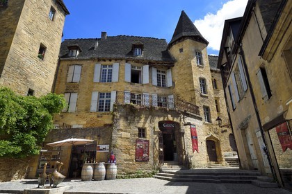 France, Dordogne, Perigord Noir, Dordogne valley, Sarlat la Caneda, Goose Market Place, geese statue by Lalanne, in the background the Manoir de Gisson