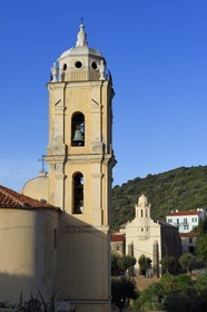 France, Corse du Sud, Cargese, the catholic church (latin rite)  in the foreground and the Greek catholic church of Saint Spyridon (Eastern rite or Uniate) in the background