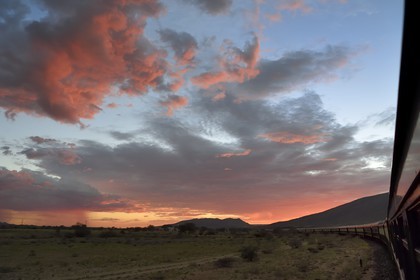 Namibia, Erongo region, the Shongololo express train crossing the Namibian bush at sunset
