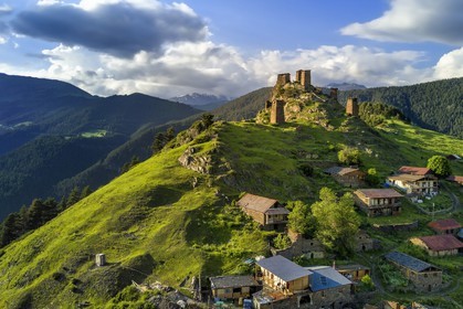 Georgia, Kakheti, Tusheti region, Omalo, the fortress of Keselo in Zemo (upper) Omalo served as a refuge for locals in wartime, medieval fortified towers (aerial view)