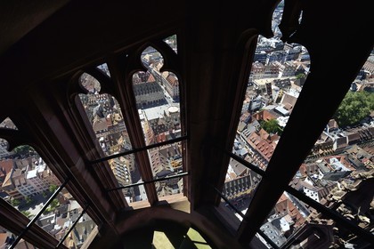 France, Bas Rhin, Strasbourg, old town listed as World Heritage by UNESCO, Notre Dame Cathedral, one of the four spiral staircases called the Vier Schnecken (four snails) that surround the 40-meter octagonal tower, Gutenberg square in the background