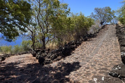 France, Reunion island (French overseas department), La Possession, chemin Cremont also called chemin des Anglais, an old road paved with basalt since 1775 which runs along the edge of the cliff of the northwest coast which is today a hiking trail