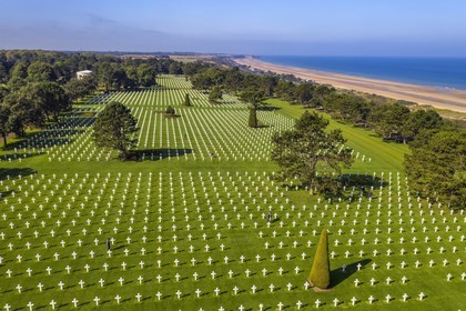 France, Calvados, Colleville sur Mer, the Normandy Landings Beach, Normandy American Cemetery and Memorial, Omaha Beach in the background