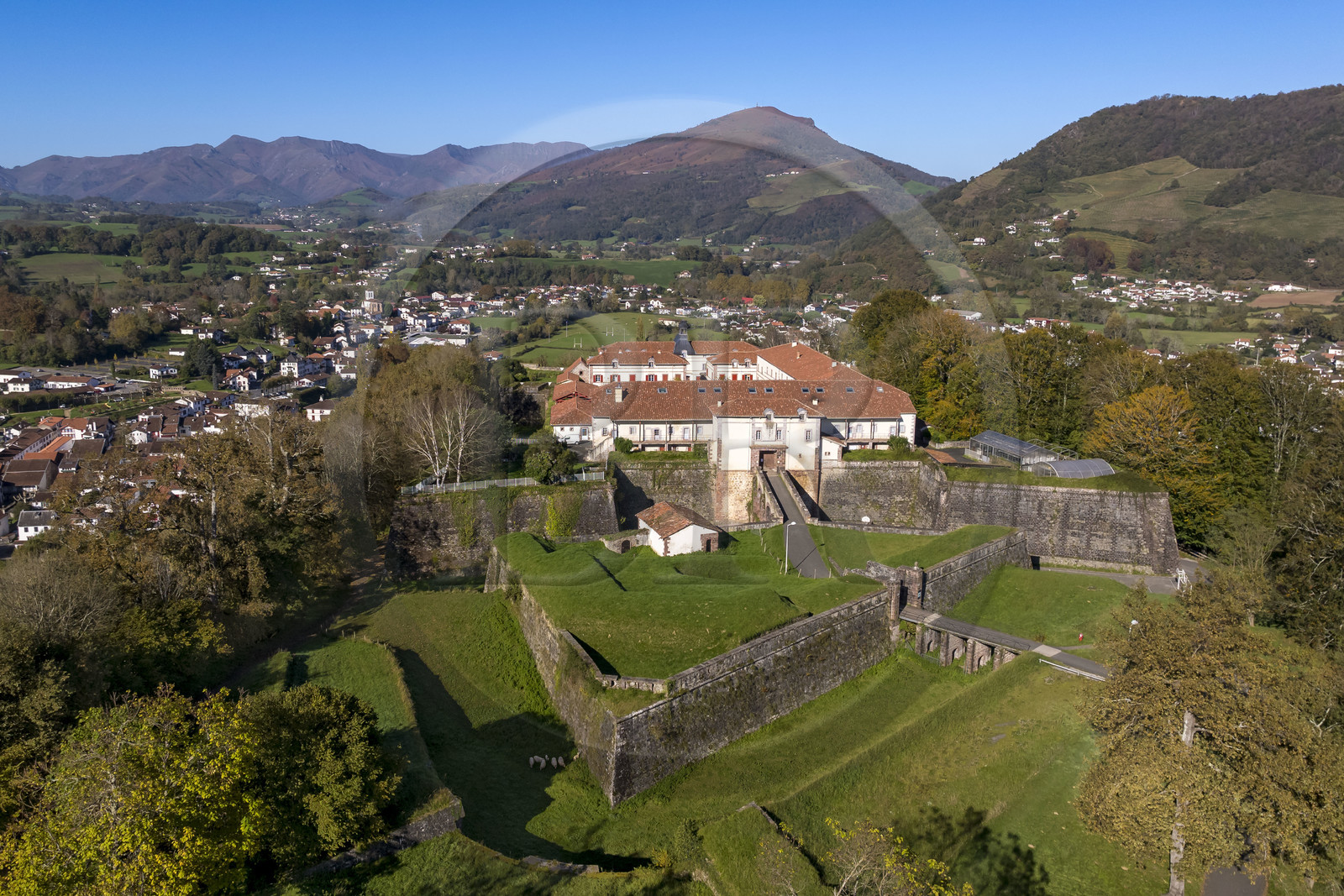 France, Pyrenees Atlantiques, Basque Country, Saint Jean Pied de Port, the citadelle consolidated by Vauban (aerial view)