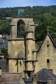 France, Dordogne, Perigord Noir, Dordogne valley, Sarlat la Caneda, place de la Liberté, elevator in the bell tower of St. Mary's Church converted into a covered market and cultural center by the architect Jean Nouvel, architect Jean Nouvel, compulsory mention