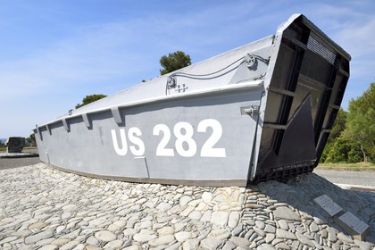 France, Var, Agay area next to Saint-Raphael, Massif de l'Esterel (Esterel Massif), the Corniche d'Or, US barge on the August 15 1944 landing beach of Provence at the Dramont cape