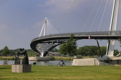 France, Bas Rhin, Strasbourg, Passerelle Mimram over the Rhine River and the Jardin des Deux Rives (two banks garden) on the German side at Kehl