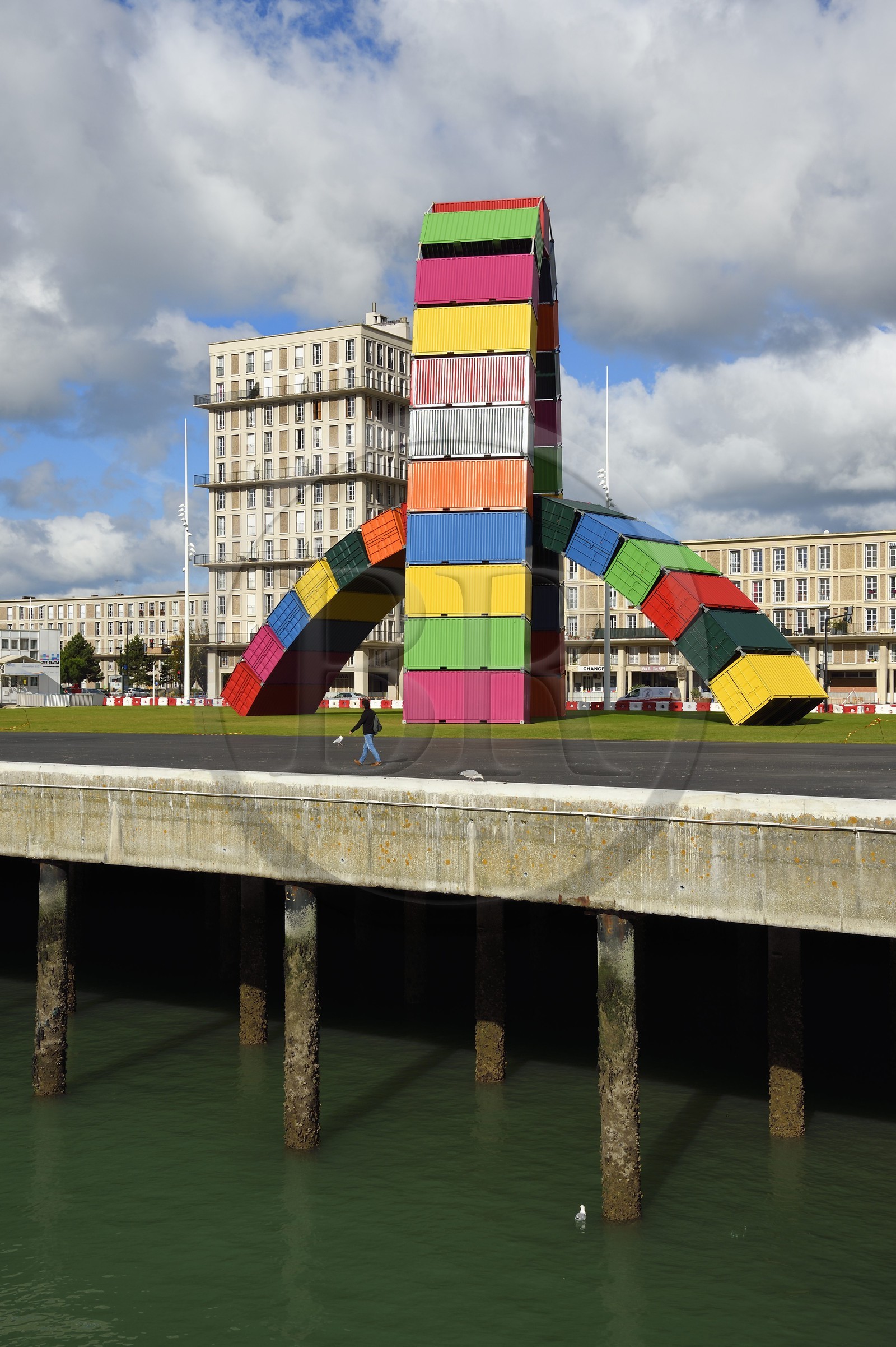 France, Seine Maritime, Le Havre, Downtown rebuilt by Auguste Perret listed as World Heritage by UNESCO,  Southampton wharf, Catène de containers by Vincent Ganivet (© ADAGP)