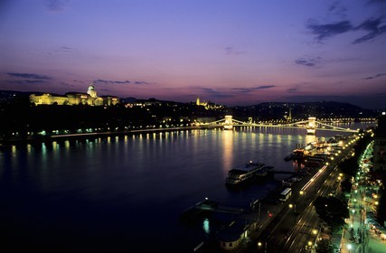 Hungary, Budapest, general view on the Danube, the Royal Castle, the Chain bridge, St Martin Church and Marriott-Korzo