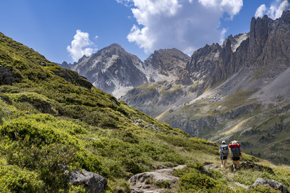 France, Hautes Alpes (05), le Briançonnais, Névache, randonneurs dans la haute vallée de la Clarée, le massif des Cerces en arrière-plan