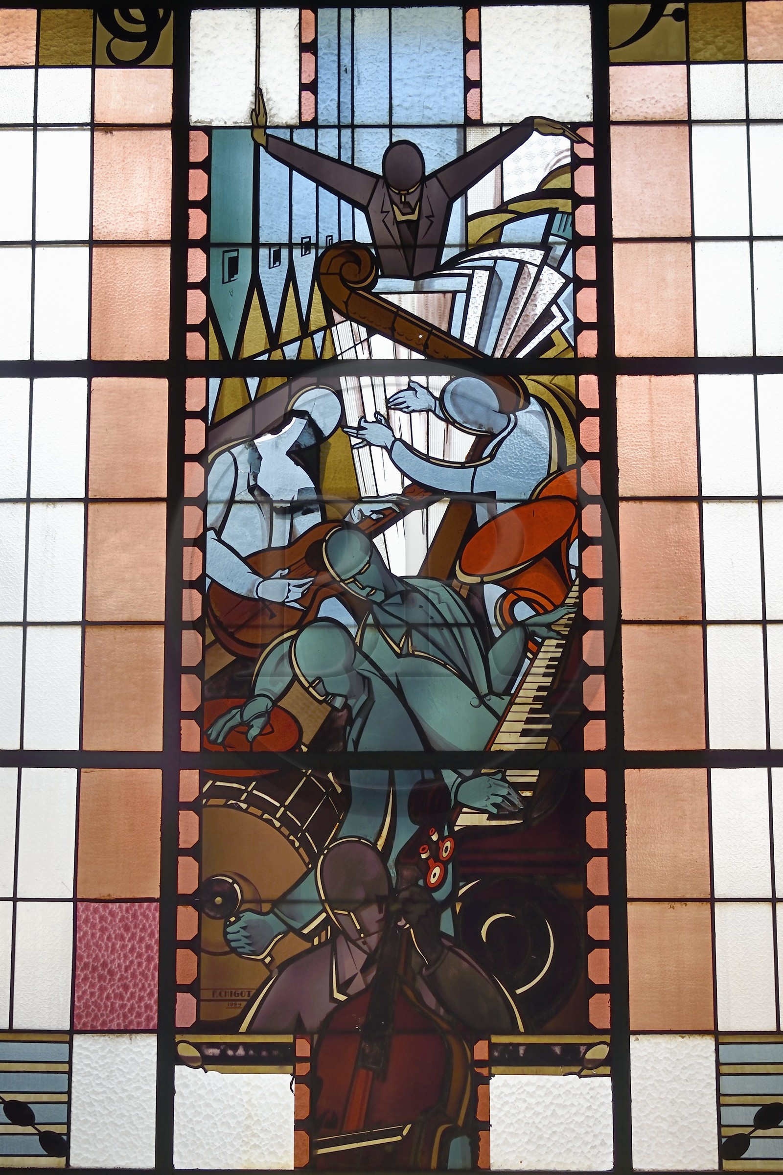 France, Allier (03), Vichy, the former Petit Casino and current Valery-Larbaud Cultural Center, Art Deco stained glass window by master glassmaker Francis Chigot representing Music