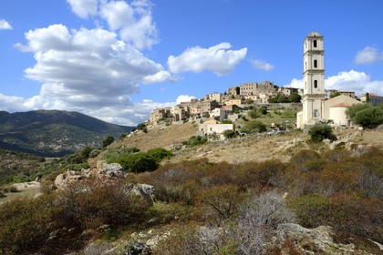 France, Haute Corse, Balagne, perched village of Sant'Antonino, labelled Les Plus Beaux Villages de France (The Most Beautiful Villages of France), general view of the village with the Anounciation church bell tower