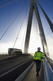 France, between  Calvados and Seine Maritime, the Pont de Normandie (Normandy Bridge) spans the Seine, Julien Bérard from the technical services of the CCI Seine Estuaire