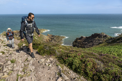 France, Cotes d'Armor, Grand Site de France Cap d'Erquy – Cap Frehel, Erquy, hikers on the GR34 hiking trail at Pointe du Cap d'Erquy