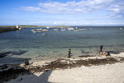 France, Finistère, Iroise Sea, Molene Island, the port beach and the Ledenez Vraz islet in the background