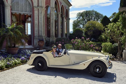 France, Alpes Maritimes, Saint Jean Cap Ferrat, Morgan Roadster 4 4 vintage car in front of the Ephrussi de Rothschild villa