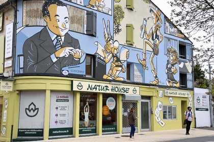 France, Charente (16), Angoulême, angle rue Goscinny et rue Michelet, Le Monde de René Goscinny, mur peint d'après un dessin original de Catel Muller et réalisé par MOON en 2020
