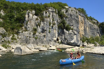 France, Ardeche, Ruoms, kayaks going down the Ardeche River in the Ruoms to Pradons Narrow Pass, cirque de Giens