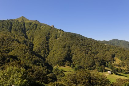 France, Cantal, Monts du Cantal, Parc Naturel Regional des Volcans d' Auvergne (Regional Nature Park of the Volcanoes of Auvergne), the Vallee de la Jordanne (Jordanne Valley) towards Mandaille-Saint-Julien