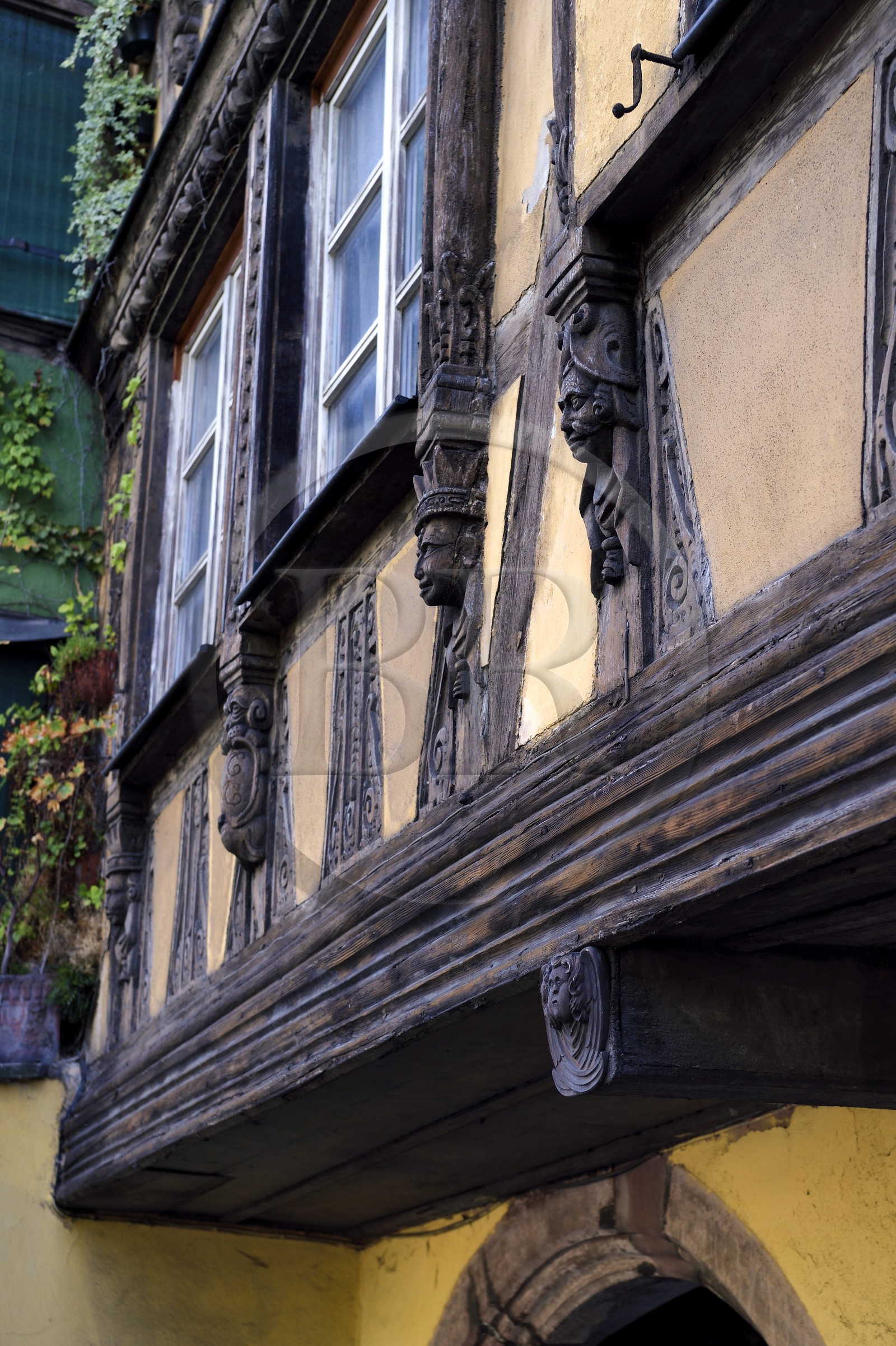 France, Bas Rhin, Strasbourg, old town listed as World Heritage by UNESCO, half timbering houses on quai des Batelliers in Krutenau District, detail of carved beams