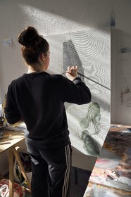 France, Paris, Saint Germain des Pres district, Ecole nationale superieure des Beaux-Arts (Fine Arts school), Chimay building in the former Hotel de Chimay, Jean-Michel Alberola workshop, a student painting