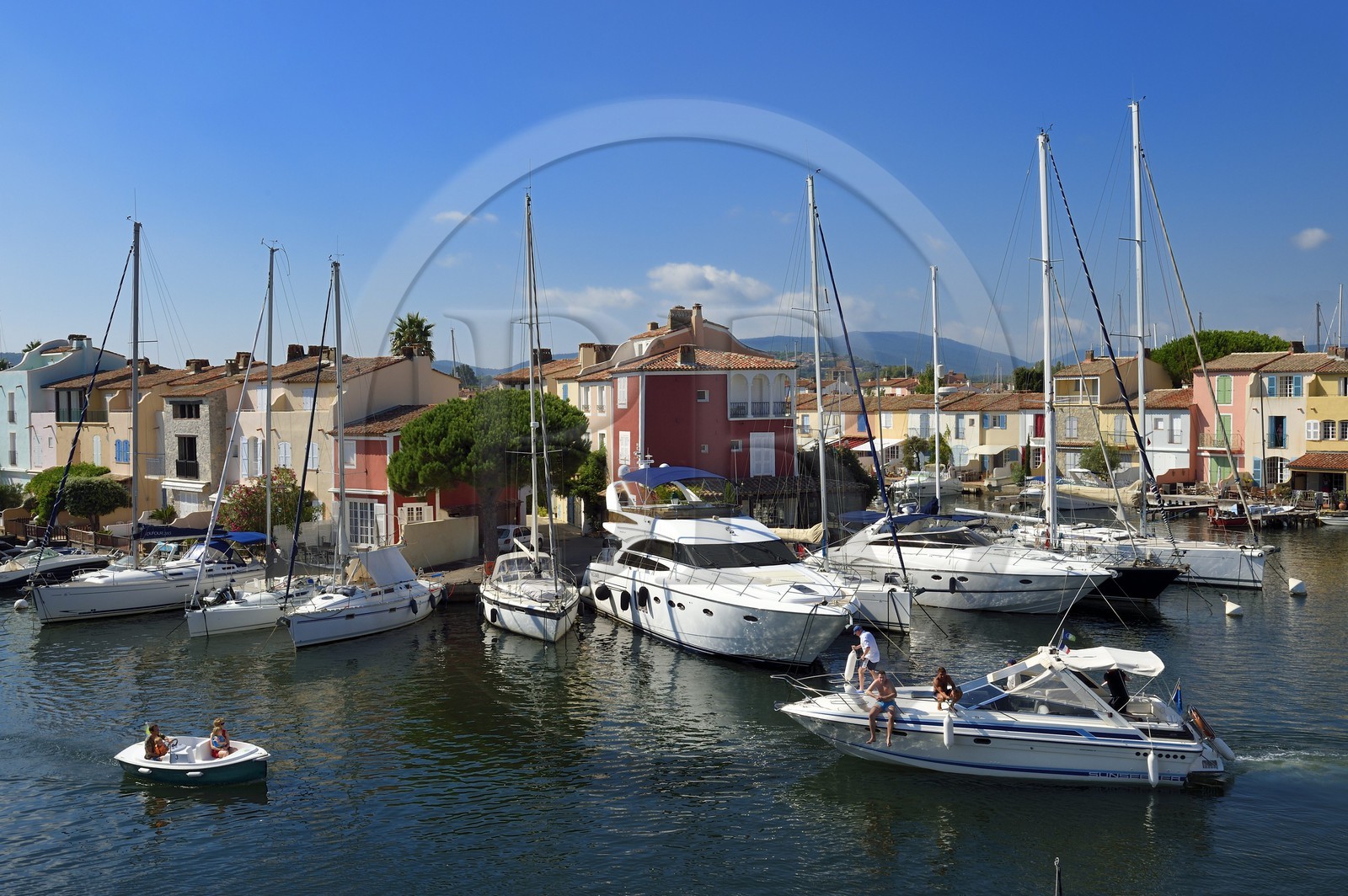 France, Var, Gulf of St Tropez, the Port Grimaud seaside town, houses with private jetty