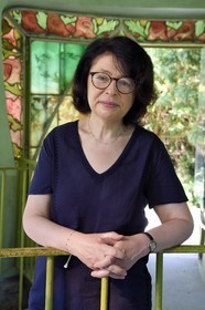 France, Meurthe-et-Moselle, Nancy, Ecole de Nancy Museum in the former estate of Eugene Corbin, stained glass windows door of the aquarium pavilion (1904) by Jacques Gruber, the curator Valerie Thomas