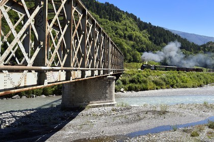 France, Alpes-Maritimes, Puget Theniers, the Train des Pignes, crossing the Pont de la Trinite over the Var river