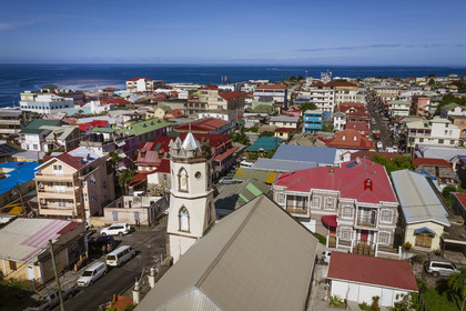 Caribbean, Dominica Island, the capital city Roseau, French Quarter, streets of the central district behind the port, Bethesda Methodist Church (aerial view)