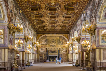 France, Seine-et-Marne, Fontainebleau, castle of Fontainebleau listed as World Heritage by UNESCO, the ballroom with a coffered ceiling decorated with gold and silver