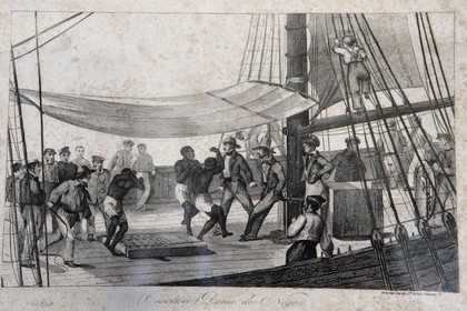 France, Ile de la Reunion, Saint-Gilles-les-Hauts, Musée de Villèle dans le domaine Panon-Desbassyns, ancienne propriété coloniale au cœur d'une grande plantation de canne à sucre qui faisait travailler un peu plus de 400 esclaves, gravure d'une scène sur un bateau négrier