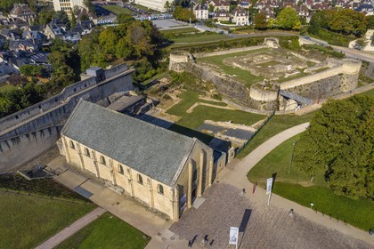 France, Calvados, Caen, the ducal castle of William the Conqueror, the Exchequer hall (salle de l'Echiquier) and the ruins of the dungeon in the background (aerial view)