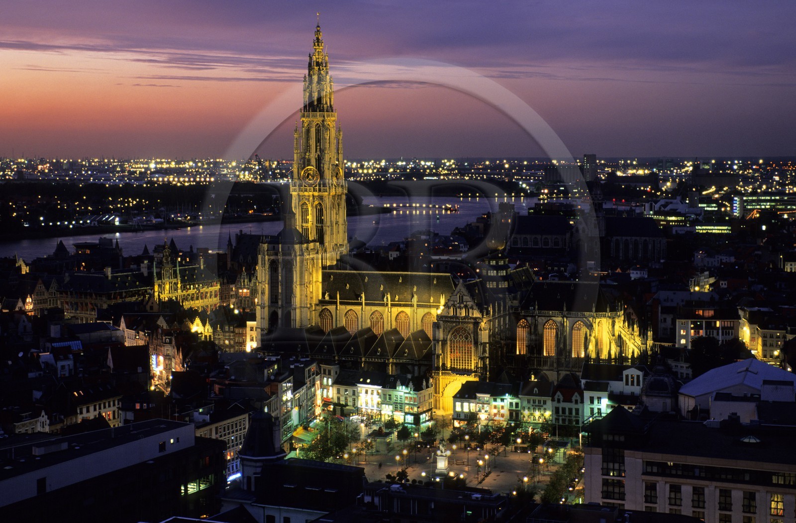 Belgium, Flanders, Antwerp (Antwerpen), Notre Dame cathedral and the city centre on the Schelde (also Scheldt or Escaut) river