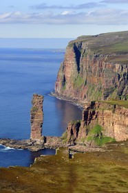United Kingdom, Scotland, Orkney Islands, Island of Hoy, the distinctive landmark Old Man of Hoy is a 449 feet (137 m) sea stack (aerial view)