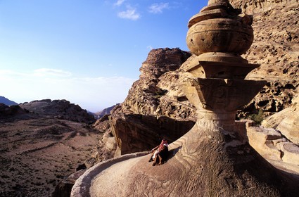 Jordan, Petra archaeological site, Bedouin on the top of Ed Deir monastery