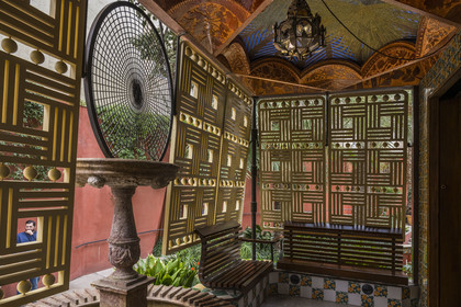 Spain, Catalonia, Barcelona, Casa Vicens (1883 - 1885) by Catalan modernist architect Antoni Gaudi, UNESCO World Heritage Site, bay window overlooking the garden and closed by Japanese wooden blinds