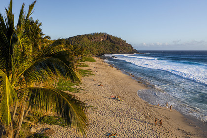 France, Reunion island (French overseas department), Petite-Ile on the southern coast, Grande Anse white sand beach at the foot of the Grande-Anse peak (aerial view)