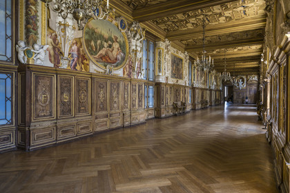 France, Seine-et-Marne (77), Fontainebleau, chateau de Fontainebleau, classé Patrimoine Mondial par l'UNESCO, la Galerie François 1er construite entre 1528 et 1530, décoré avec des peintures, des lambris, des fresques et des stucs, des boiseries en noyer sculpté et un plafond à caissons