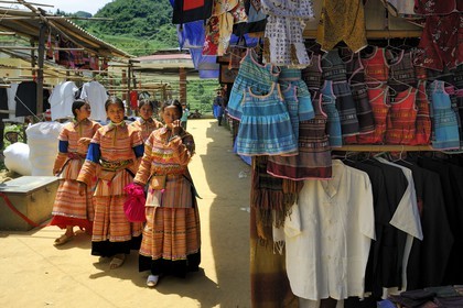 Vietnam, province de Lao Cai, région de Bac Ha, marché de Can Cau, jeunes adolescentes de la minorité Hmong Fleur