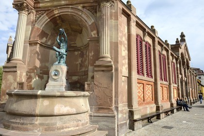 France, Haut Rhin, Colmar, the Little Alsatian Wine grower by Auguste Bartholdi installed in 1869 in a niche fountain housed in the southwestern corner of the Covered Market Hall