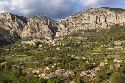 France, Alpes de Haute Provence, Parc Naturel Régional du Verdon, village of Moustiers Sainte Marie, labelled Les Plus Beaux Villages de France (The Most Beautiful Villages of France) (aerial view)
