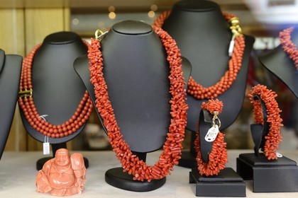 France, Corse du Sud, Ajaccio, coral jewelry in the window of the shop La Maison du Corail rue Fesch