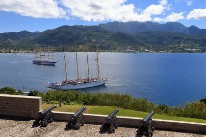 Caribbean, Dominica Island, Portsmouth, Cabrits National Park, Fort Shirley, 18th century British fort, the Royal Clipper and the Star Flyer of the Star Clipper company in Prince Rupert Bay