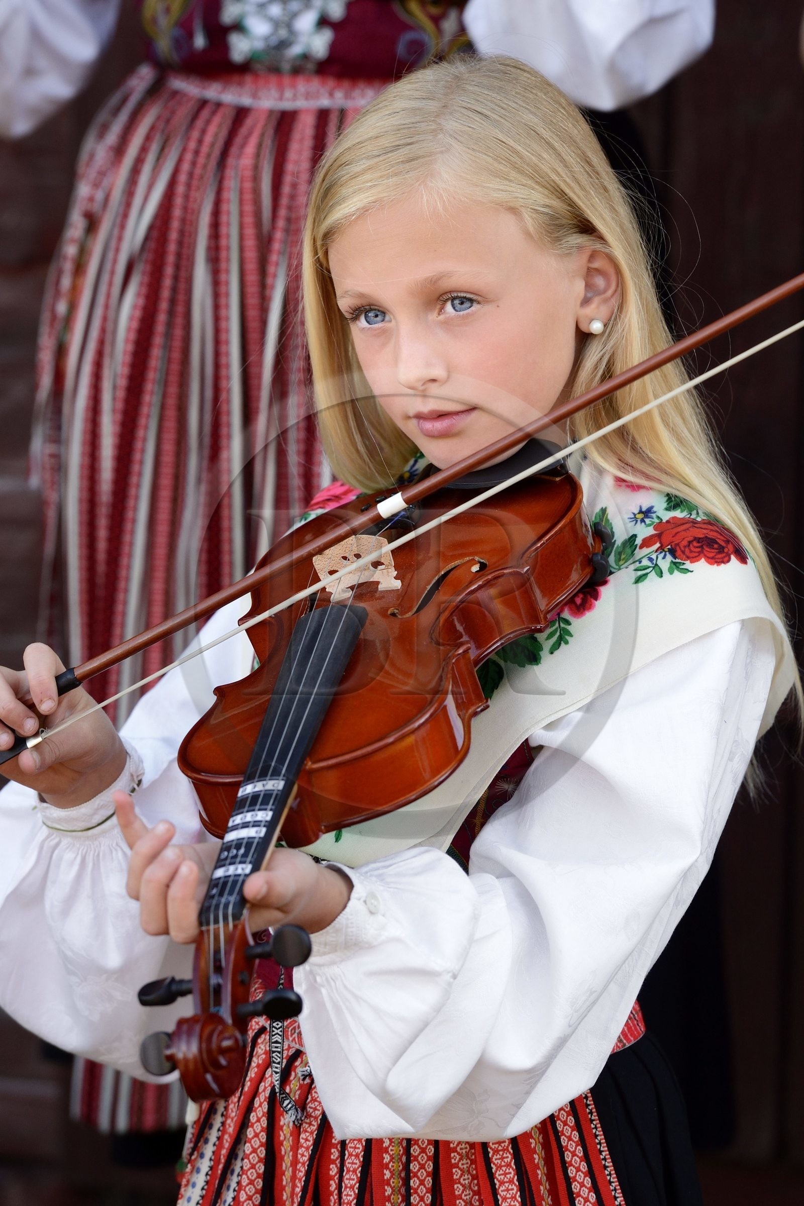 Suède, comté de Dalécarlie, région de Leksand, célébrations du solstice d'été dans le petit hameau de Hjulbäck, jeune fille en costume traditionnel jouant du violon