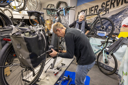 France, Vaucluse, Dentelles de Montmirail mountains, Beaumes de Venise,bicycle repair workshop of the L'Etape du Ventoux cycle shop