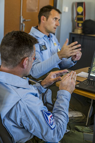 France, Bouches du Rhone, Salon de Provence, air base 701, base of the Patrouille de France (PAF for Patrouille acrobatique de France) of the French Air and Space Force, the music rehearsal, mental visualization of the flight, under the direction of commander and leader Julien Decorte during the briefing in the premises of the Patrouille de France