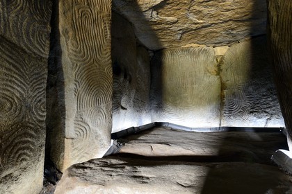 France, Morbihan, Gavrinis Cairn dated 3500 BC, decorated slabs from the Gavrinis passage