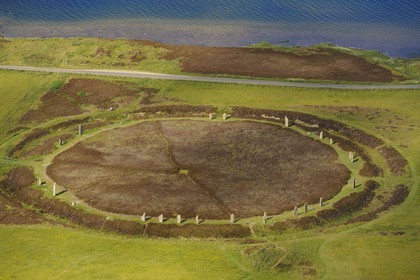 United Kingdom, Scotland, Orkney Islands, Mainland Island, beside the Loch of Stenness, standing stones (stone circle) from the Ring of Brodgar, listed as World Heritage by UNESCO (aerial view)